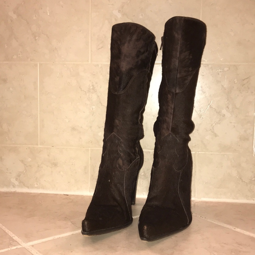 Chocolate brown distressed hair-calf heeled boot